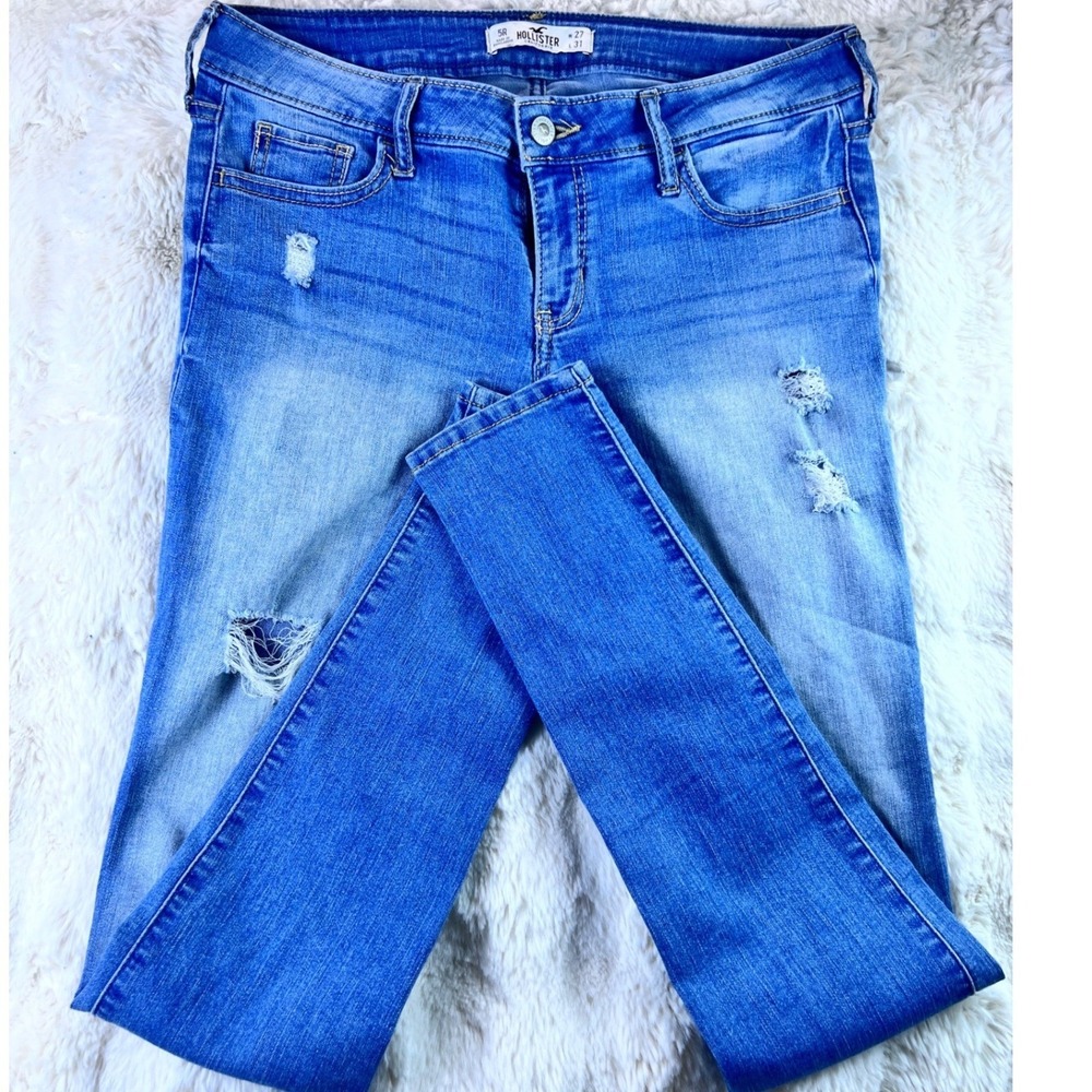 Hollister California Low Rise Distressed Skinny Jeans Blue Denim 5R W27 L31. A18